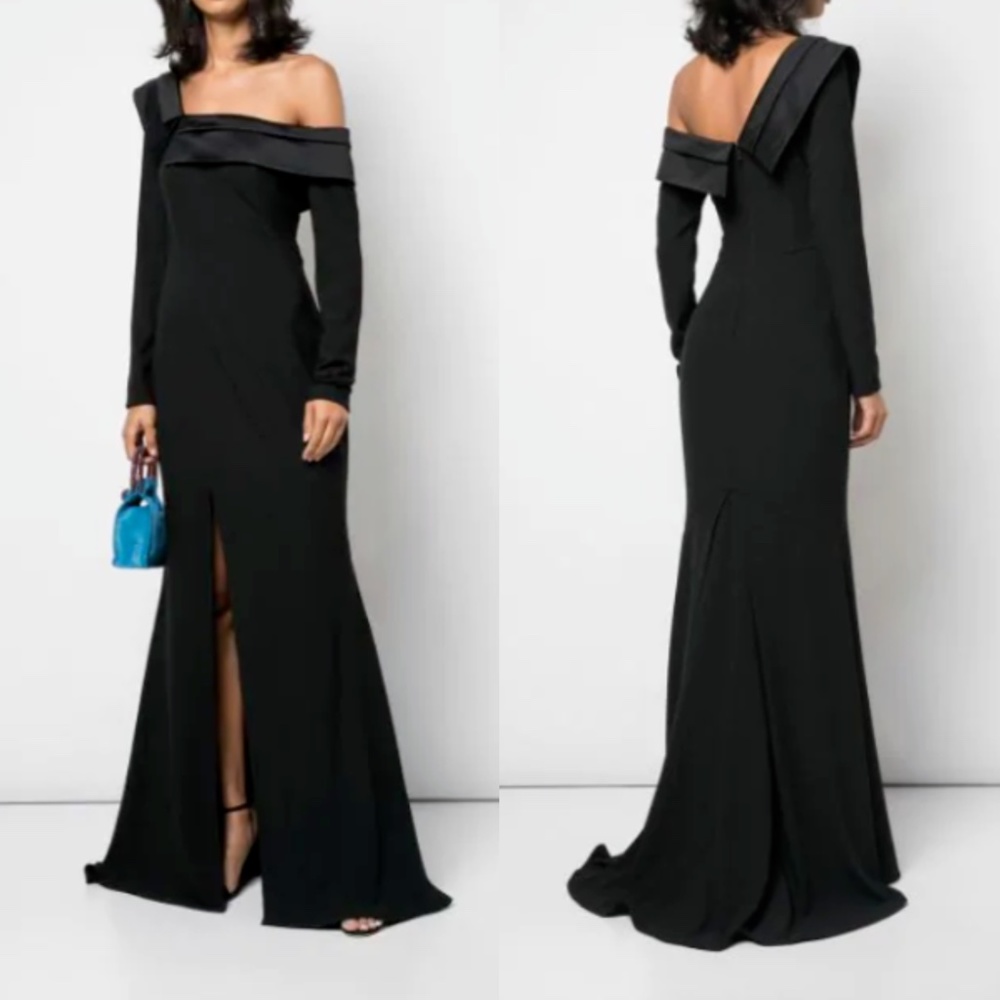 NEW Zac Posen BLACK Susan OFF The SHOULDER Long Sleeve EVENING DRESS Slit GOWN 0
